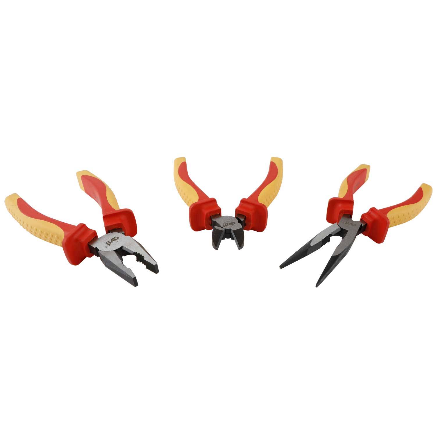 Three artisan pliers with red and yellow handles, comprising a combination pliers, a flat-nose pliers, and a side-cutting pliers.
