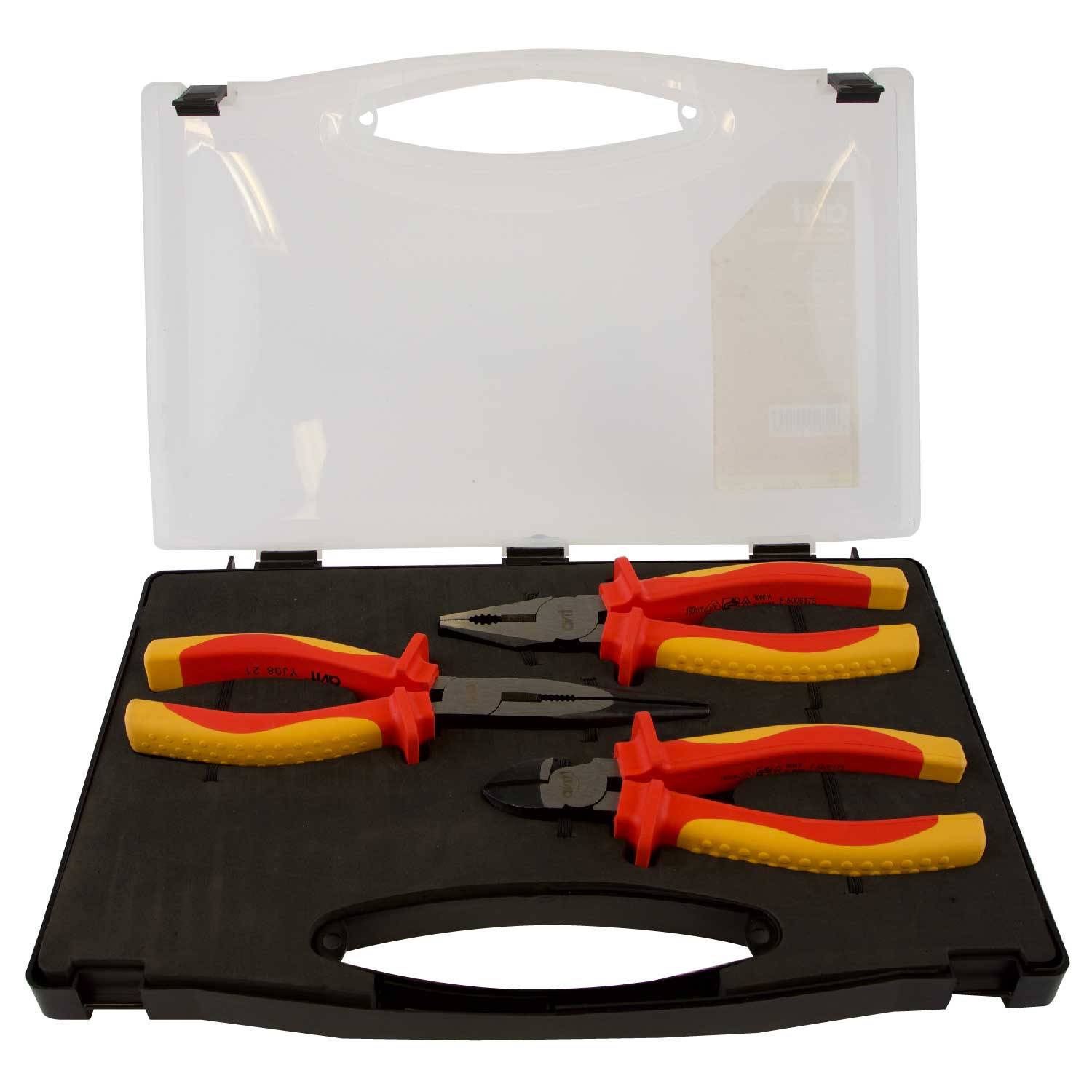 An open black tool case containing four pliers in red and yellow, neatly arranged side by side.
