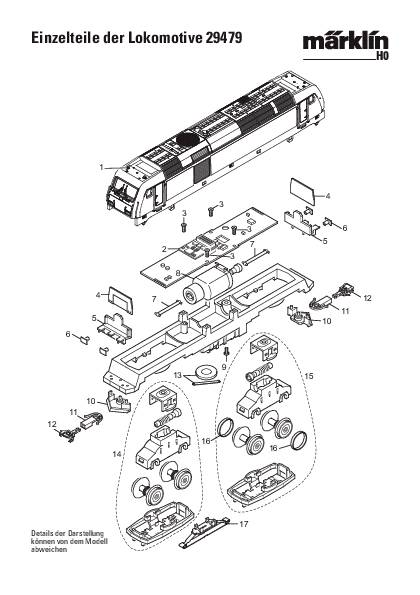 Exploded diagram of a model locomotive with numbered parts for replacement or assembly. Top: Locomotive body; bottom: Chassis with drive mechanism.