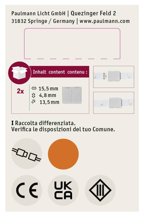 '2x' LED light strips, dimensions: 15.5mm, 4.8mm, 13.5mm. Symbol for separate collection. Manufacturer: Paulmann Licht GmbH, Germany.