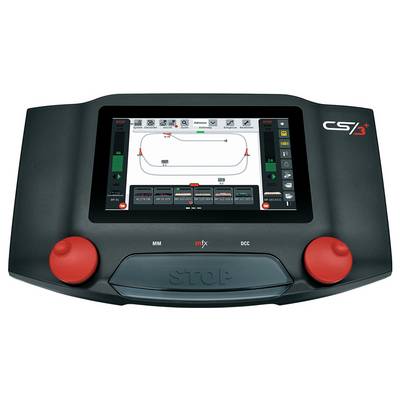 A digital control unit with a screen displays the route of a model railway, buttons for control, and red rotary knobs for operation.
