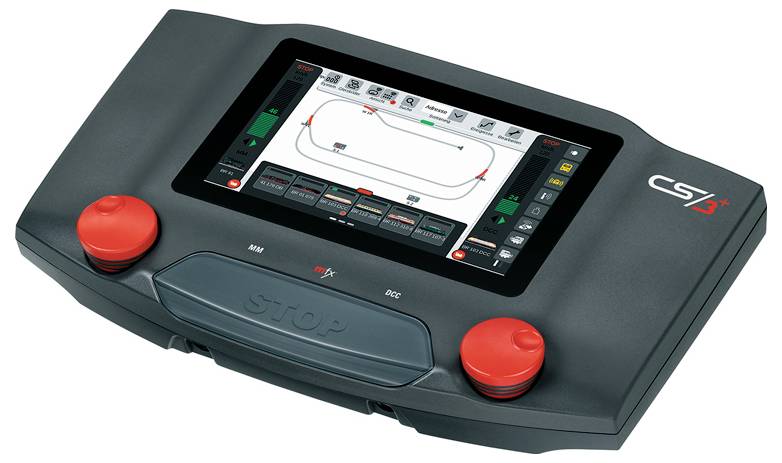 A control unit with a screen displays a circuit diagram. It has red buttons at the corners and the inscription 'STOP' in the centre.