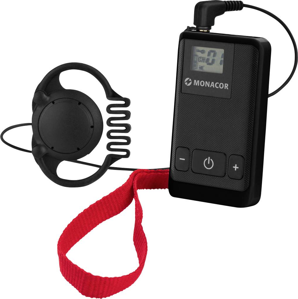 A portable audio system with earphones, digital display, and red wrist strap. Ideal for mobile sound deployment.