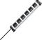 Six-way power strip with black cable, suitable for power distribution in homes or offices.