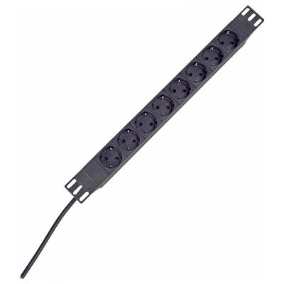 A black power strip with eight outlets is shown, designed for mounting on a wall or inside a server rack.