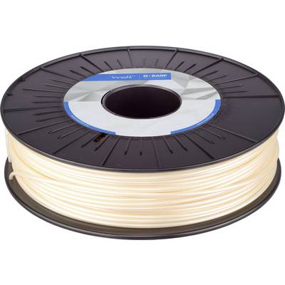 A reel of 3D printer filament, beige in colour, on a black plastic spool, label at the top almost legible.