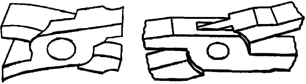 Two simple schematic drawings of gears, each with a hole in the centre, showing tooth positions and direction.