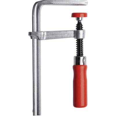 Metal G-clamp with a red handle and protective cap, positioned vertically. Used for securing materials.