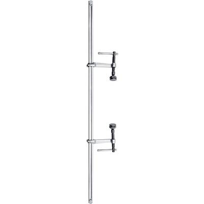Two silver metal clips fastened side by side on a rod, used for fixing or holding objects in positions.