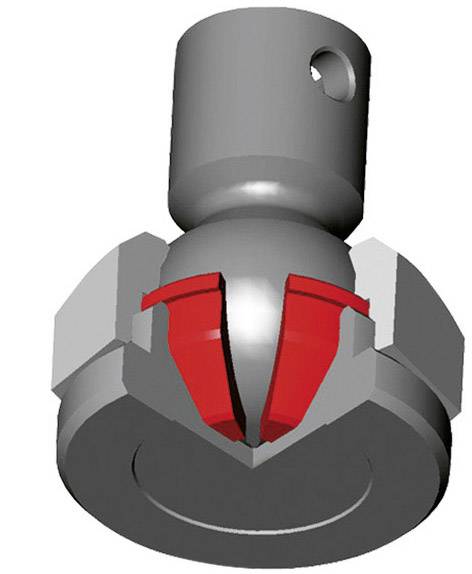 3D rendering of a mechanical component with red highlighting; shows a specific coupling component with cylindrical elements.