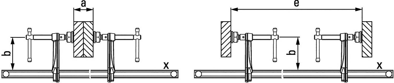 Technical drawing of two clamping devices with dimensions a, b, d, e, which are mounted on a rail x.
