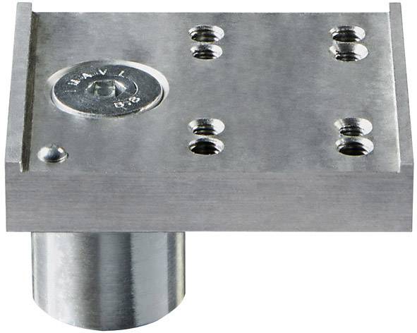 Metal component with a flat, rectangular plate and multiple holes. Underneath, a cylindrical supporting foot. Surfaces made of stainless steel.