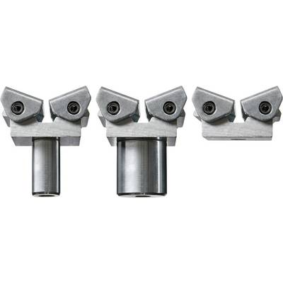'Three metallic milling heads in various sizes and shapes, symmetrically arranged. The heads have interchangeable cutting inserts.'