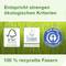 'Meets strict ecological criteria', three eco-labels: FSC, EU Ecolabel, Blue Angel, green meadow, '100% recycled fibres'.