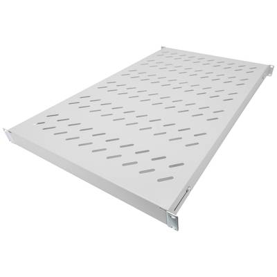 Grey metal shelf with ventilation slots, slightly angled. Suitable for storage or office shelving.