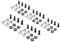 A set of screws with black screws, washers, and silver nuts evenly distributed on a white background.