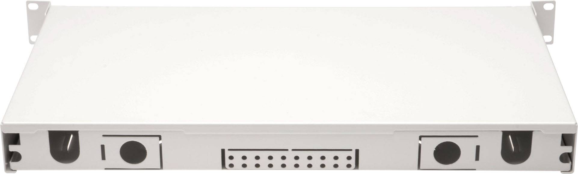 A white, rectangular technical enclosure with multiple openings and mounting brackets on the sides, likely for network equipment.