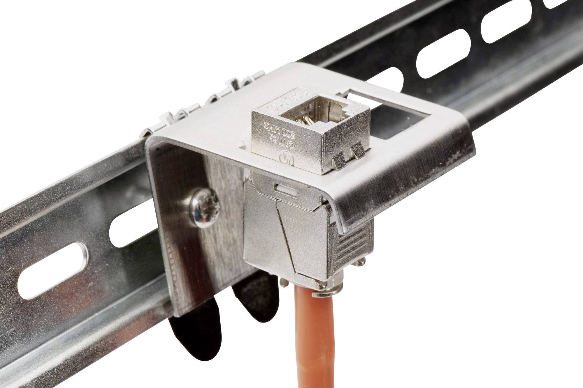 Metal rail with an attached network socket. An orange cable is connected to the socket.