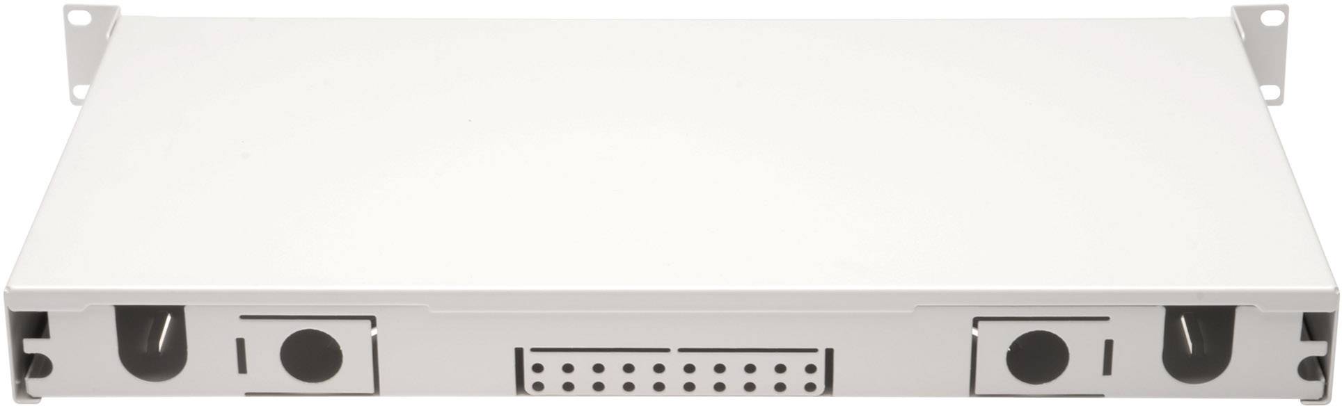 Flat rectangular metal enclosure with multiple openings and connections, potentially for network or server applications.