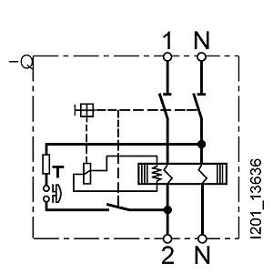 'Schematic representation of an electromechanical circuit diagram with symbols for switches and connections. Labelled with T1, N and numbers.'