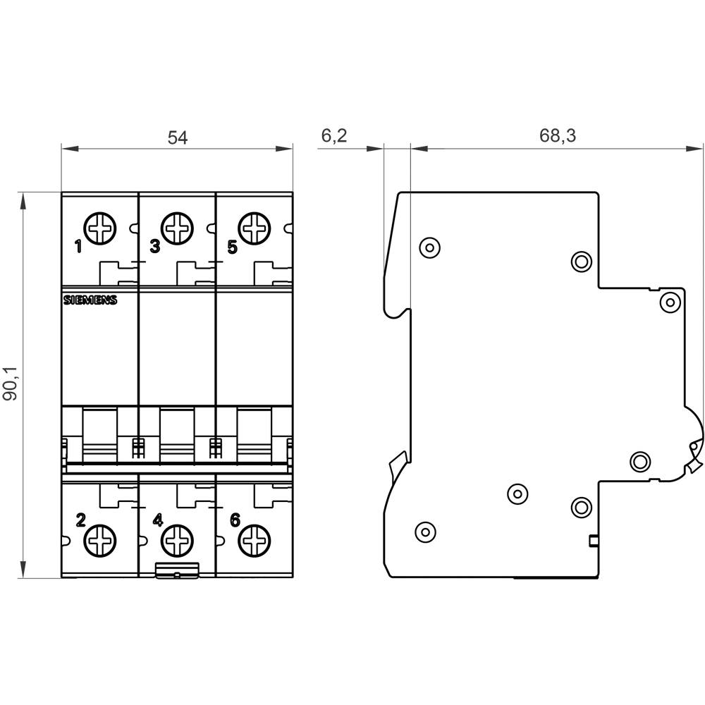 Technical drawing of a three-pole protective switch with dimensions: height 90.1 mm, width 54 mm, and depth 68.3 mm.