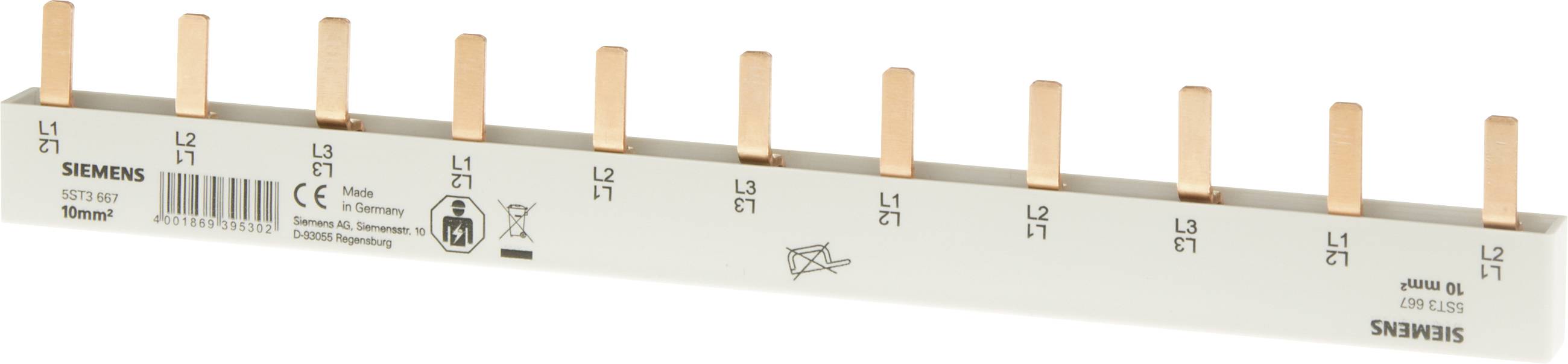 'A copper busbar with ten vertical prongs labeled L1, L2, L3 for electrical distribution, manufactured by Siemens.'