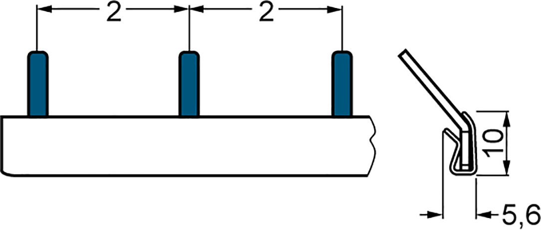 Side view of a metal profile with three protruding pins, each 2 mm apart, profile height: 10 mm, width: 5.6 mm.