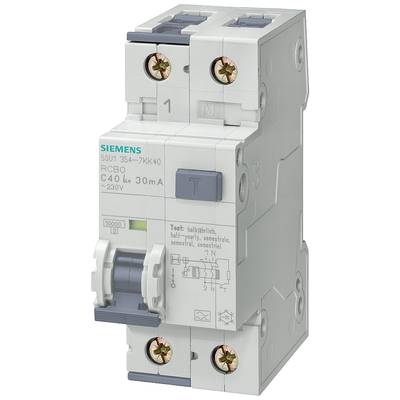 Grey Siemens Residual Current Breaker with Overcurrent Protection (RCBO), Model Number 5SU1 354-7KK40, with blue switch, 40 Ampere, 230 Volt, 30 mA.
