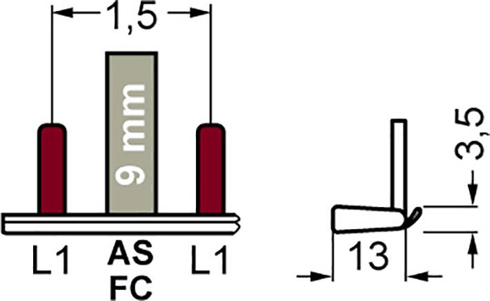 'Technical drawing of a component: central vertical component 9 mm, dimensions 1.5 mm, AS FC marked, side view 3.5 mm high.'