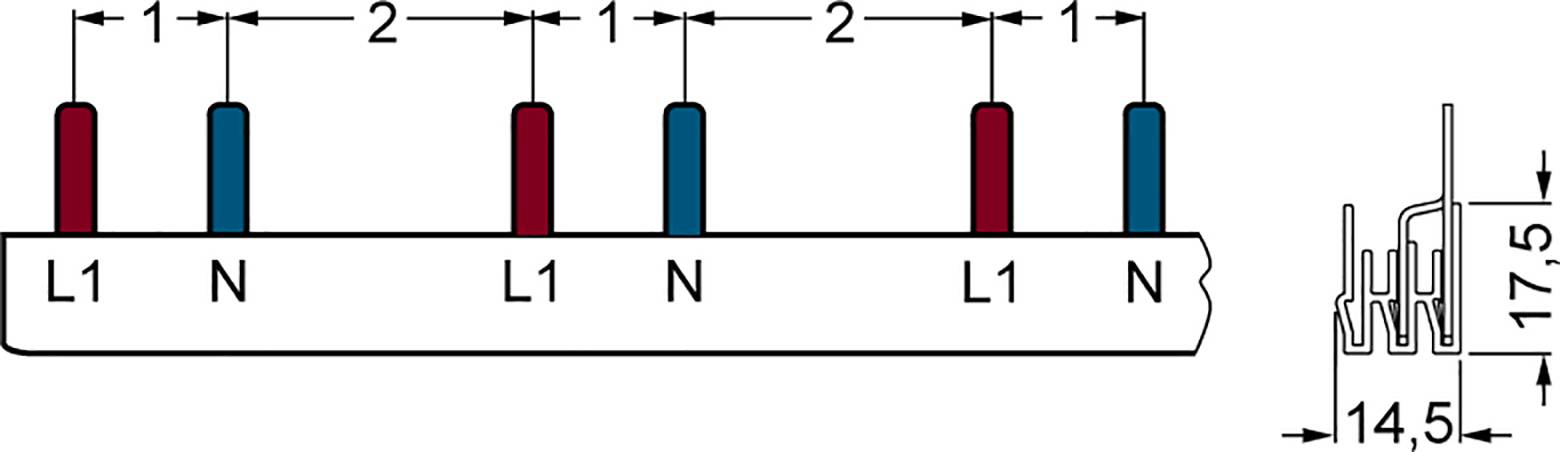 Diagram of an electrical distribution board with alternating connections, marked as 'L1' and 'N', along with dimensional measurements in millimetres.