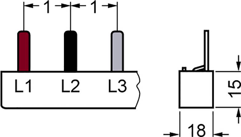 Three-pole switch: L1 red, L2 black, L3 grey. Dimensions: Width 18 mm, Height 15 mm.