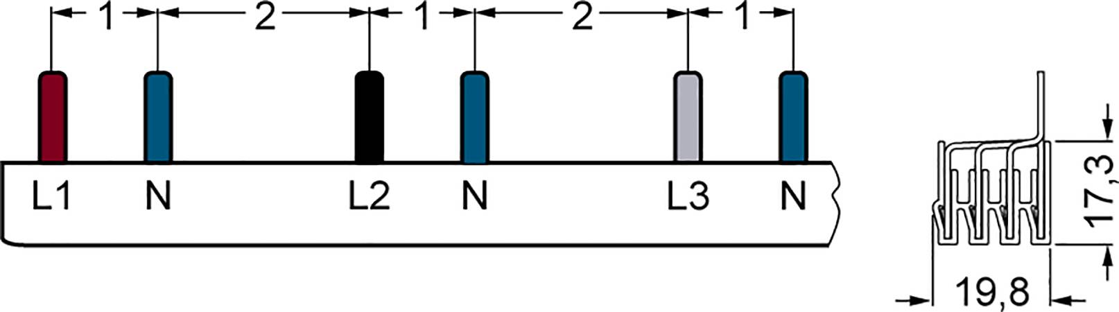 The diagram shows a connection plan with three phases: L1, L2, L3, and neutral conductor N. Distance between connections is 2 mm.