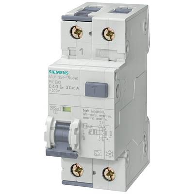 A Siemens combined RCD/MCB switch designated RCBO C40 conducts electricity at 230V. It protects electrical circuits by disconnecting the power in the event of an earth fault.
