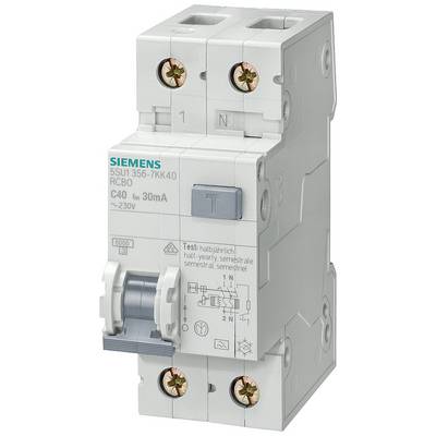Siemens Overcurrent Circuit Breaker, Model 5SU1 356-7KK40, 230V, 40A, 30mA. Main switch with test and reset button.