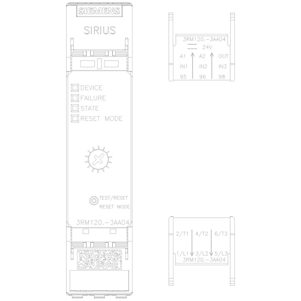 'Diagram of a Siemens Sirius safety relay. Shows front and side view with technical specifications and pins.'