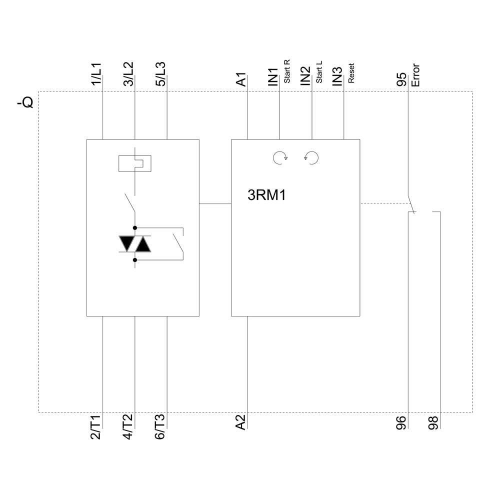 'Schematic representation of a circuit diagram with components: on the left, contactor with 1L1, 3L2, 5L3, on the right 3RM1 with A1, A2, input/output terminals.'