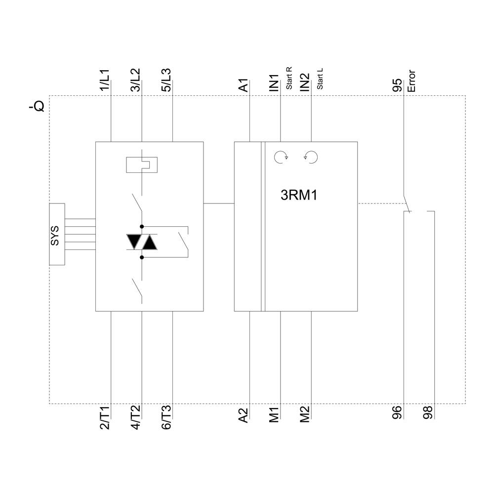 Circuit diagram of an electrical switching device with symbols and labels such as '3RM1', 'SYS', and input and output connections.