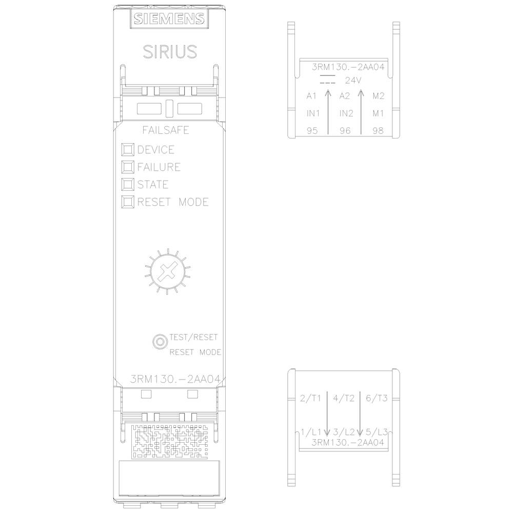 'Siemens Sirius safety switching device diagram shows PIN configurations: A1+, A2-, M1/M2, IN1, IN2, includes test/reset options.'