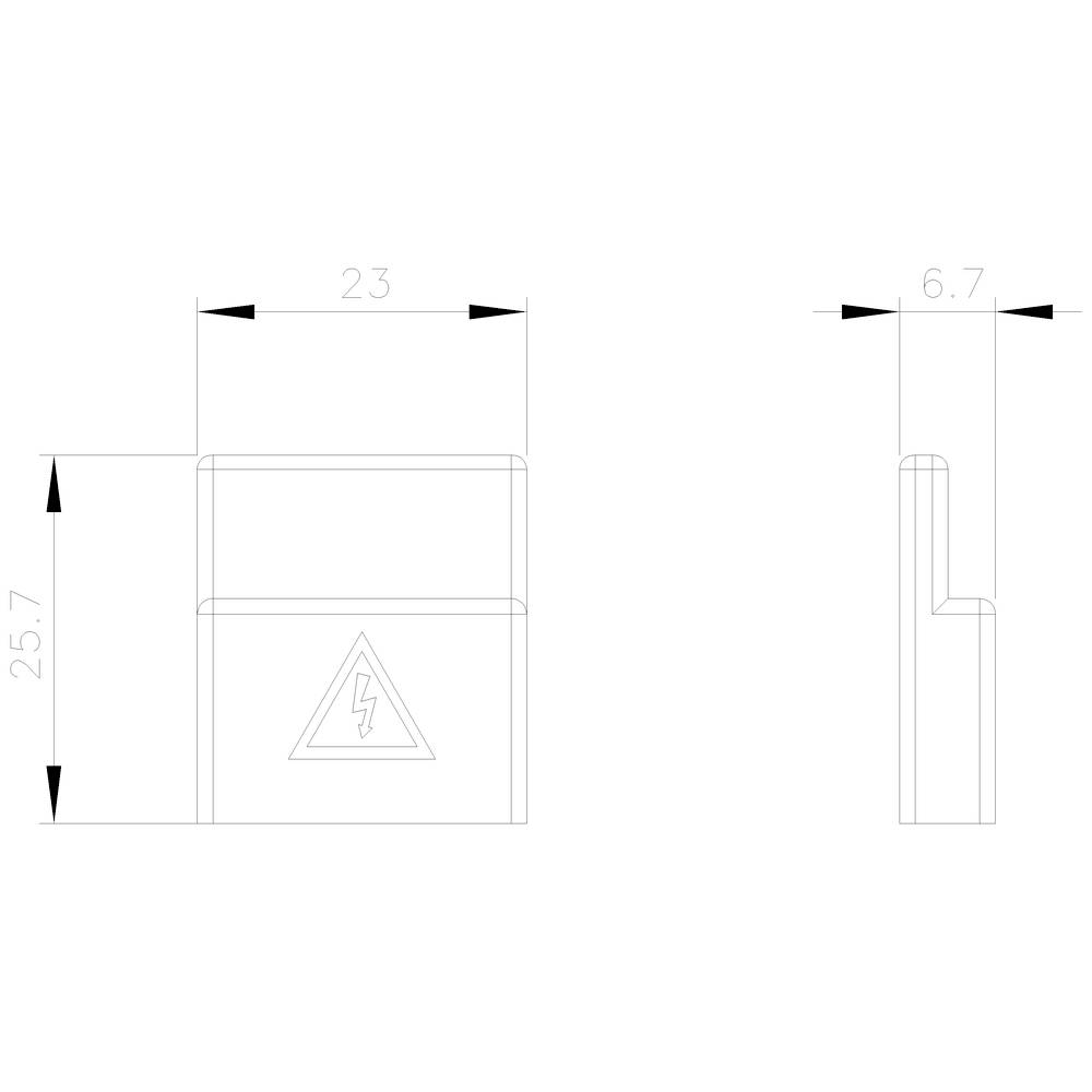 Technical drawing of a rectangular component with dimensions 23 x 6.7 x 25.7 mm, warning symbol for electrical voltage.