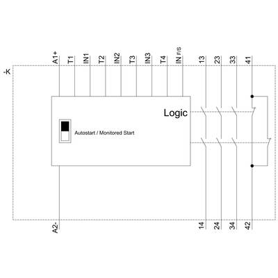 'Circuit diagram of a logical switching device with inputs T1 to T4, IN1, IN2, and outputs 13, 14, 23, 24, 33, 34, 41, 42. Switching function illustrated.'