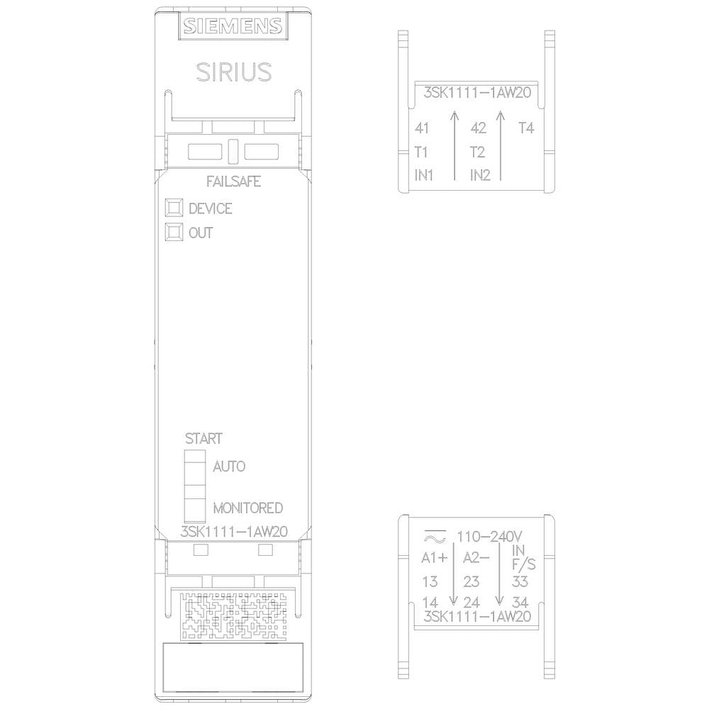 Technical drawing of a Siemens SIRIUS module with connection points and labels such as 'A1', 'A2', 'T1', and 'T2'.