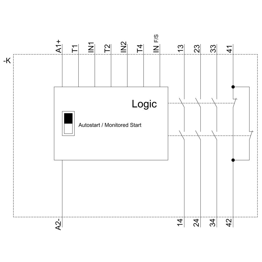 'Diagram of a logical circuit with inputs T1, T2, T3, T4 and outputs 13, 23, 33, 41, 14, 24, 34, 42. Shows autostart/monitored start option.'