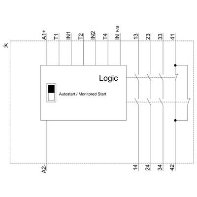 'Diagram of a logical circuit with inputs T1, T2, T3, T4 and outputs 13, 23, 33, 41, 14, 24, 34, 42. Shows autostart/monitored start option.'