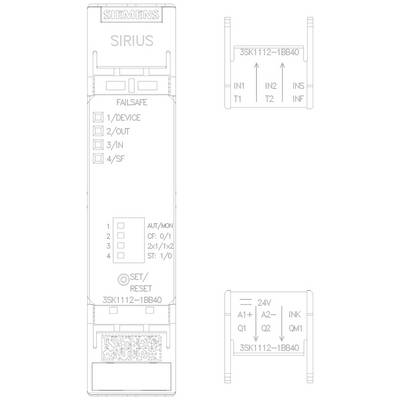 'Diagram of a Siemens Sirius 3SK1112-1BB40 safety relay, showing connection-side inputs and outputs and device configuration.'