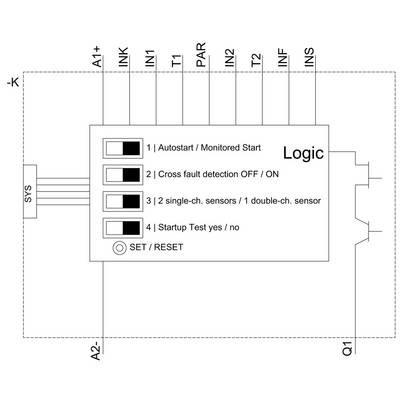 'Circuit diagram of a logic unit with four switches: Auto-start, Cross-error detection, Single/Double sensor, and Start-up test.'