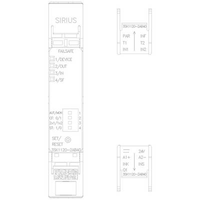 Schematic drawing of a device with labels 'SIRIUS' and 'FAILSAFE'. Shows various connections and configuration options.
