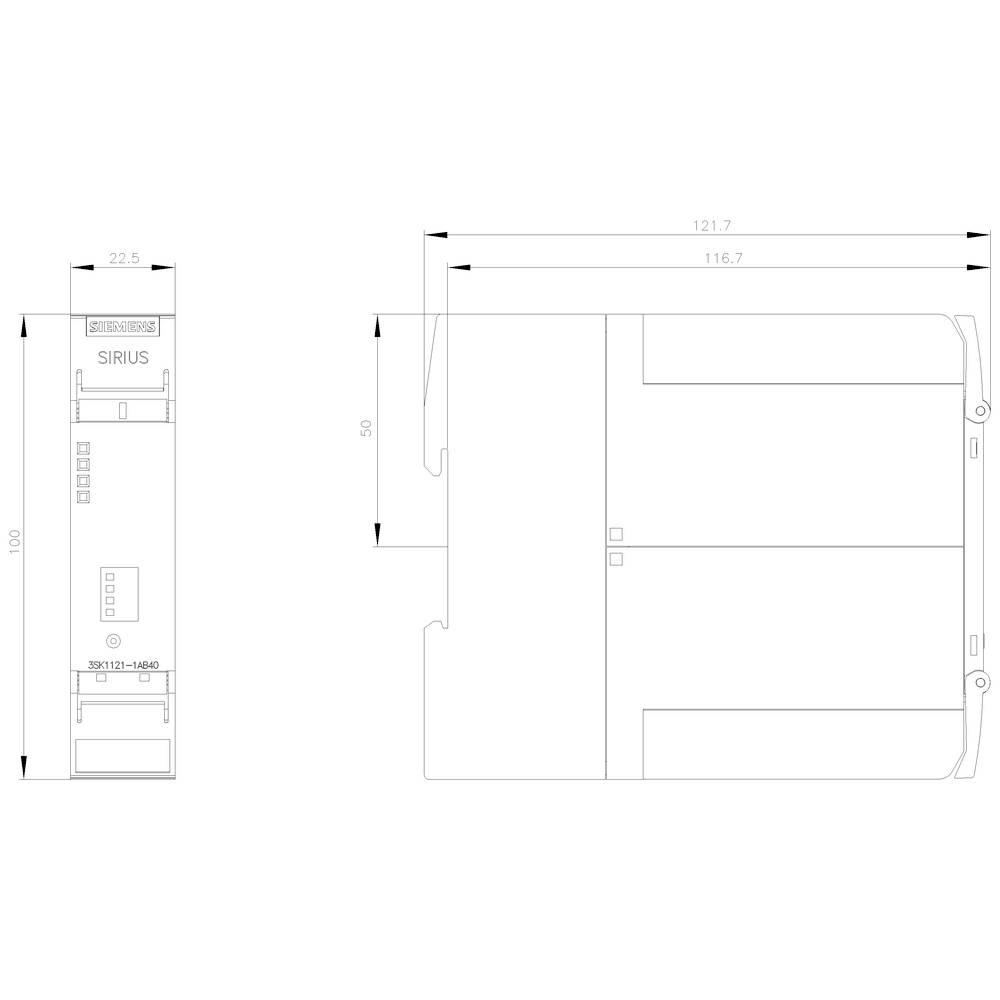 Technical drawing of a rectangular module with dimensions in millimetres. The module is labelled with 'SIRIUS' and '3RT10-1AB5'.