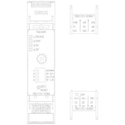 'Siemens SIRIUS' control unit layout with connections and control. Marked failsafe options: Device, Out, In, SF.