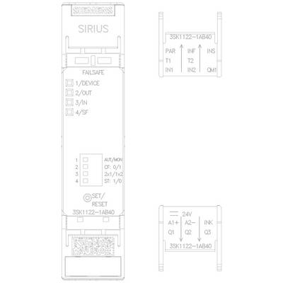 'Technical drawing of a Siemens SIRIUS control module, showing the front panel and connections with descriptions for failsafe and set/reset.'