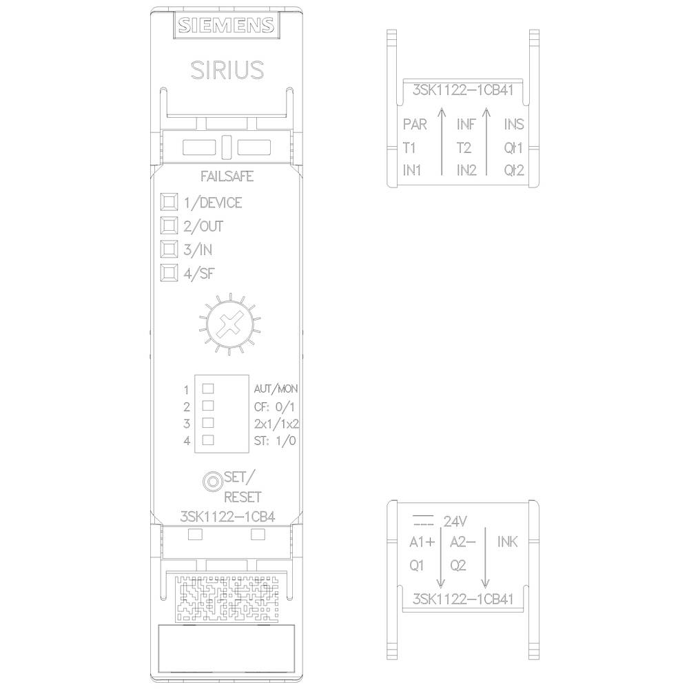 'Siemens SIRIUS 3SK1122-1CB41 Safety Relay' with indicator lights for device, output, input, fuse; shows electrical connections.